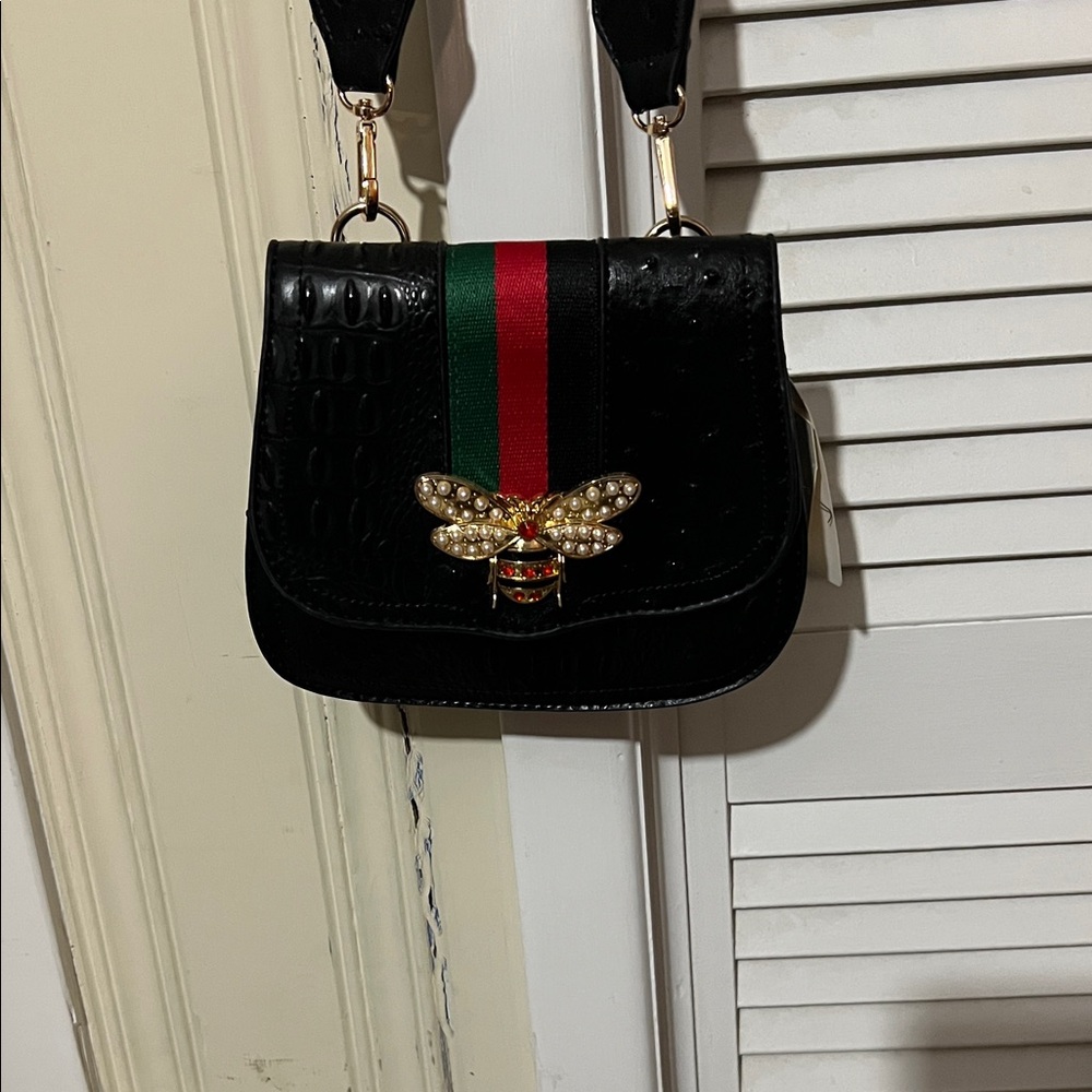 Chic Black Crossbody Bag with Gold Bee Detail